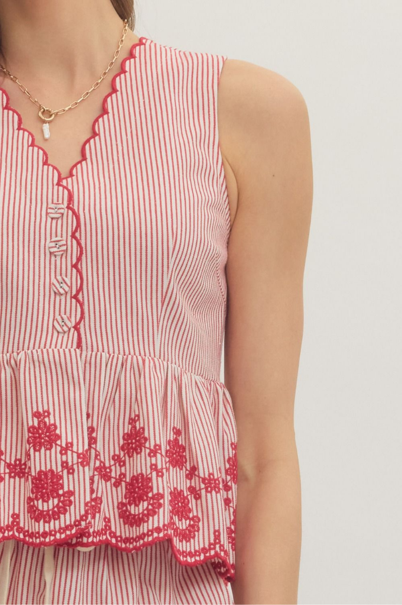 Striped Scallop Trim Button Front Top