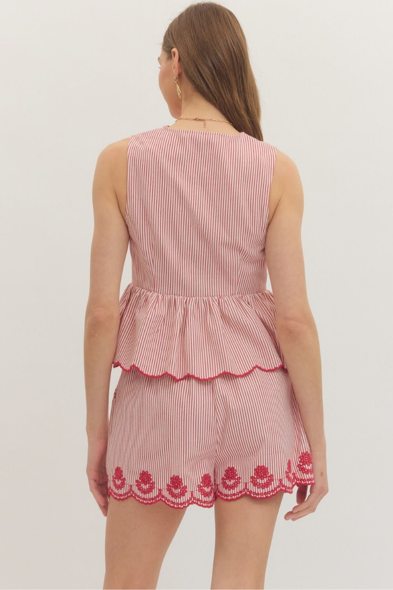 Striped Scallop Trim Button Front Top