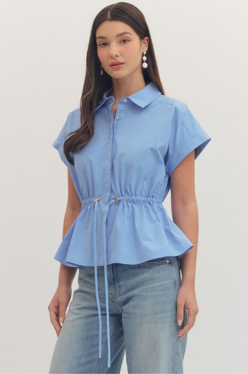 Collared Drawstring Waist Peplum Top