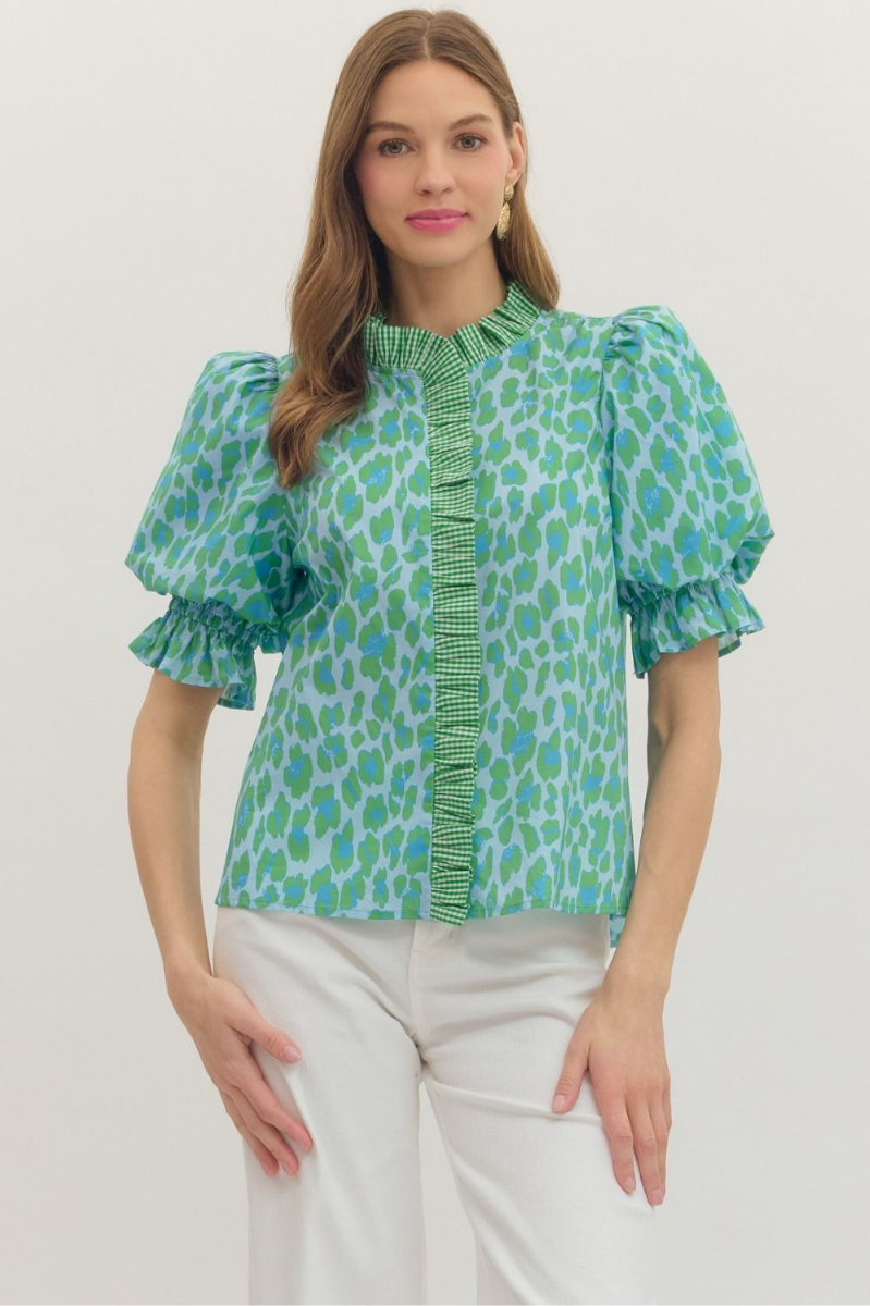 Leopard Print Ruffle Collar Puff Sleeve Top