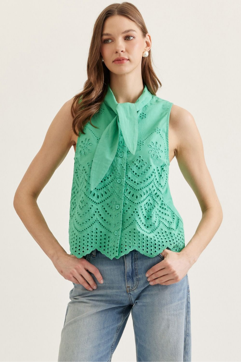 Eyelet Embroidery Tie Neck Sleeveless Top
