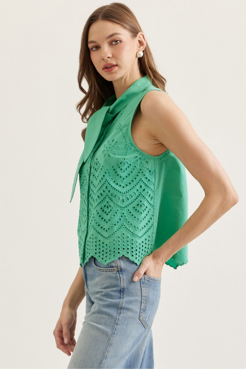Eyelet Embroidery Tie Neck Sleeveless Top