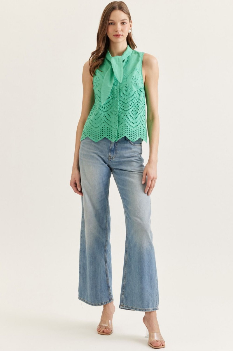 Eyelet Embroidery Tie Neck Sleeveless Top