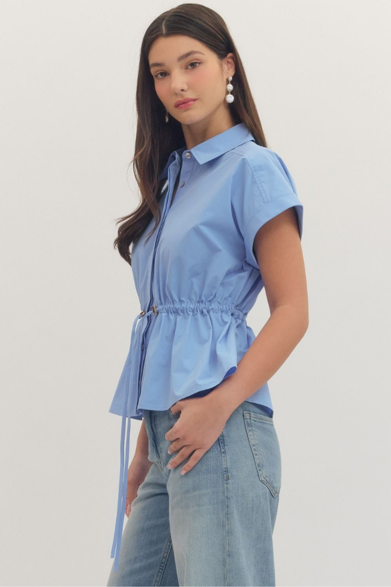 Collared Drawstring Waist Peplum Top