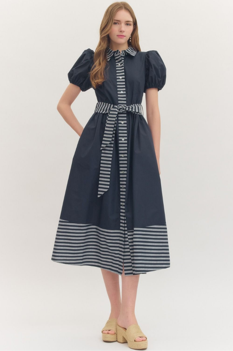 Button Front Striped Hem Midi Dress | Final Sale