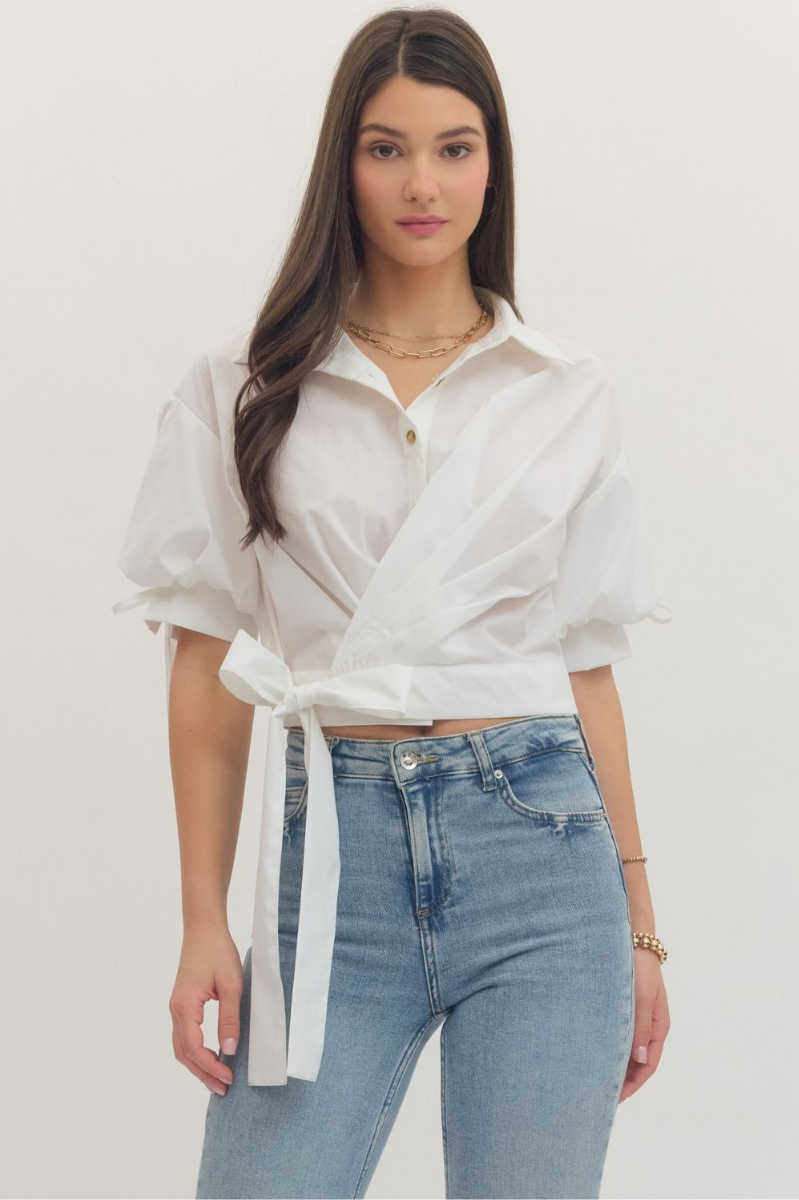 Puff Sleeve Wrap Blouse with Tie Waist
