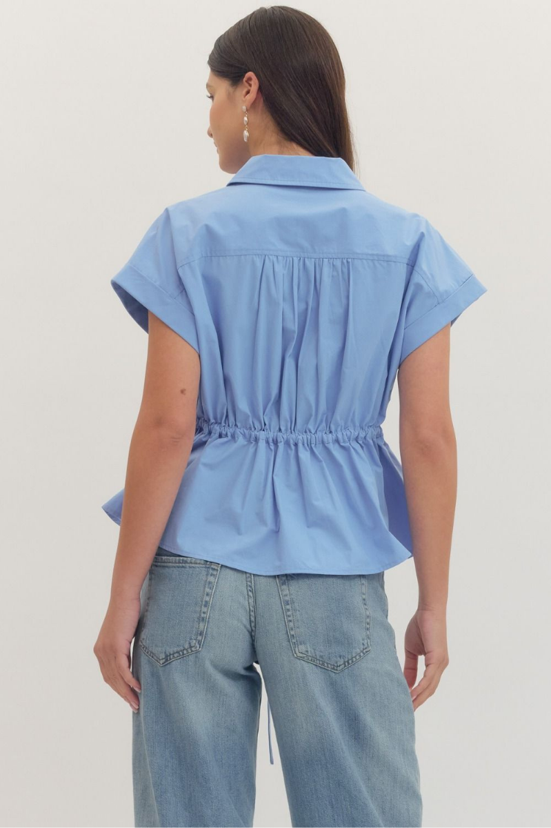 Collared Drawstring Waist Peplum Top