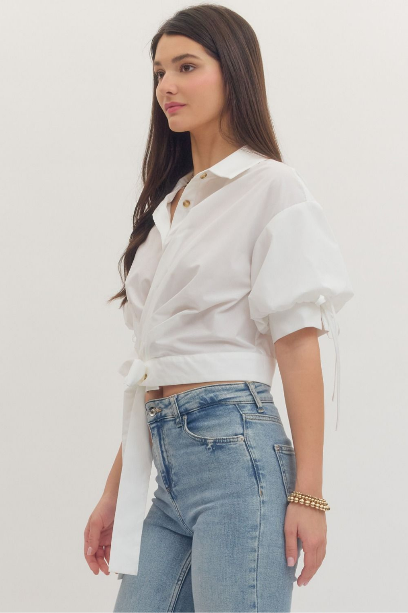 Puff Sleeve Wrap Blouse with Tie Waist