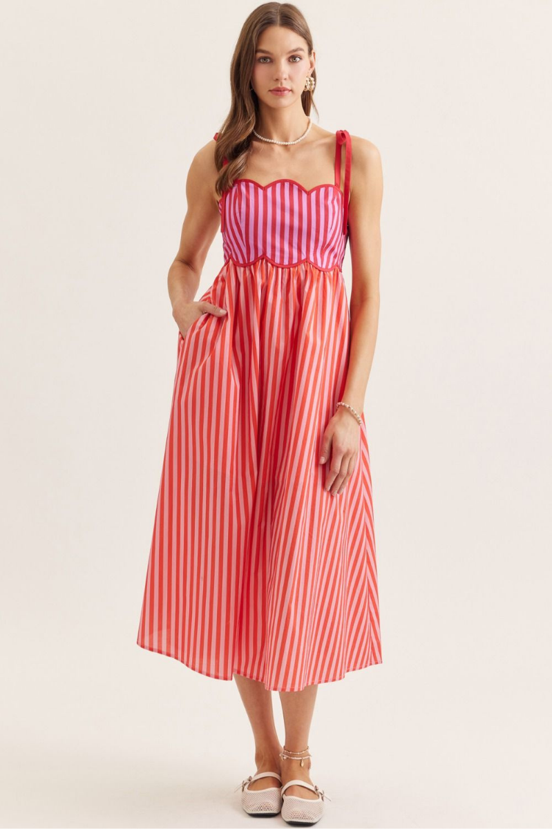 Striped Scallop Trim Sleeveless Midi Dress
