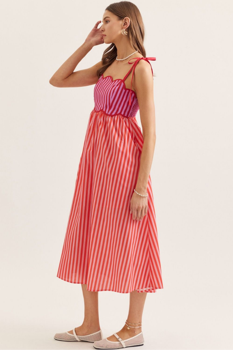 Striped Scallop Trim Sleeveless Midi Dress
