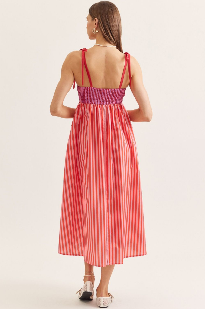 Striped Scallop Trim Sleeveless Midi Dress