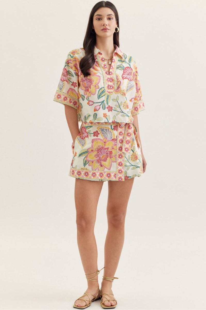 Botanical Print Split Neck Short Sleeve Top