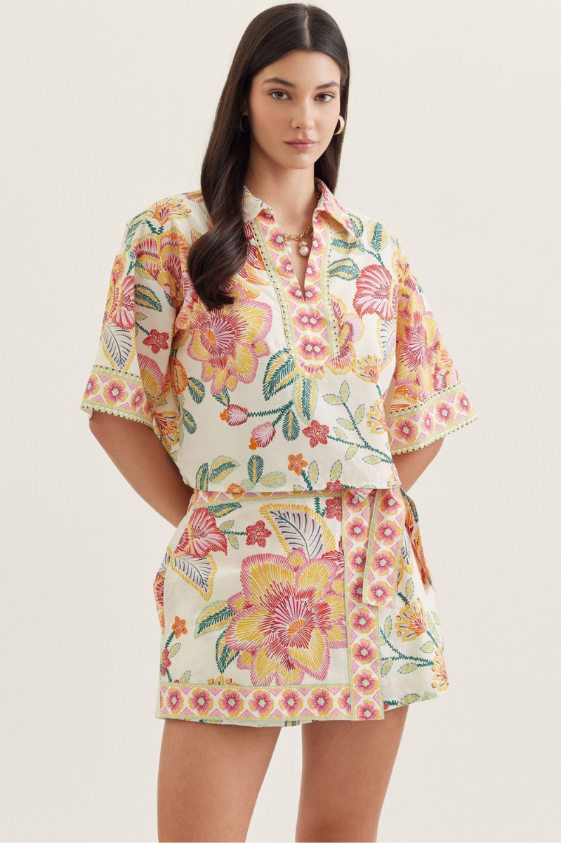 Botanical Print Split Neck Short Sleeve Top