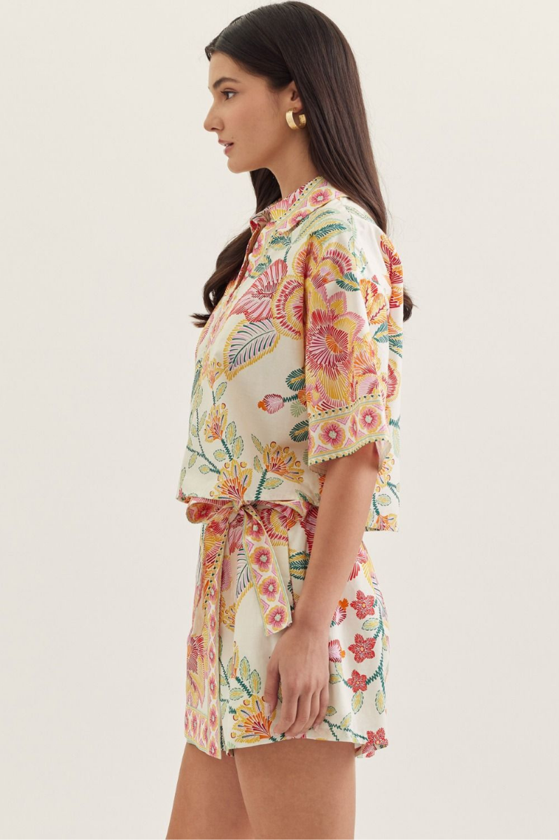 Botanical Print Split Neck Short Sleeve Top