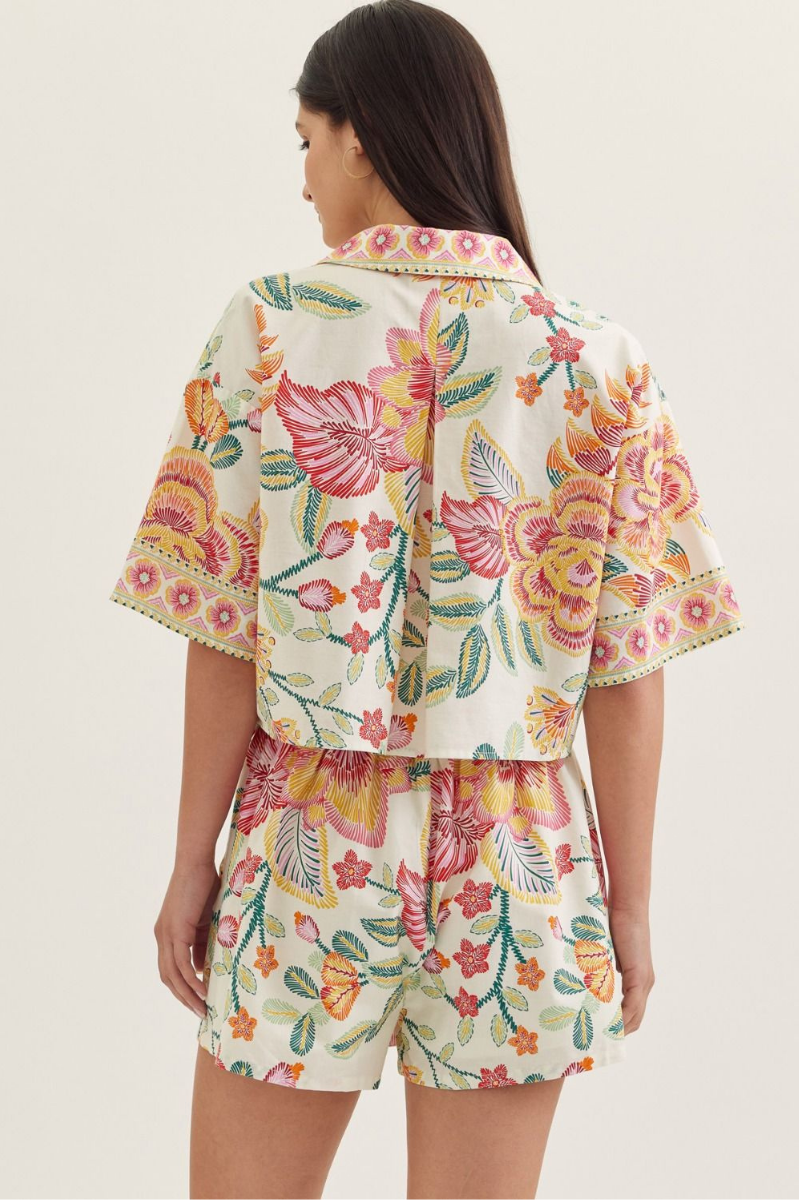 Botanical Print Split Neck Short Sleeve Top