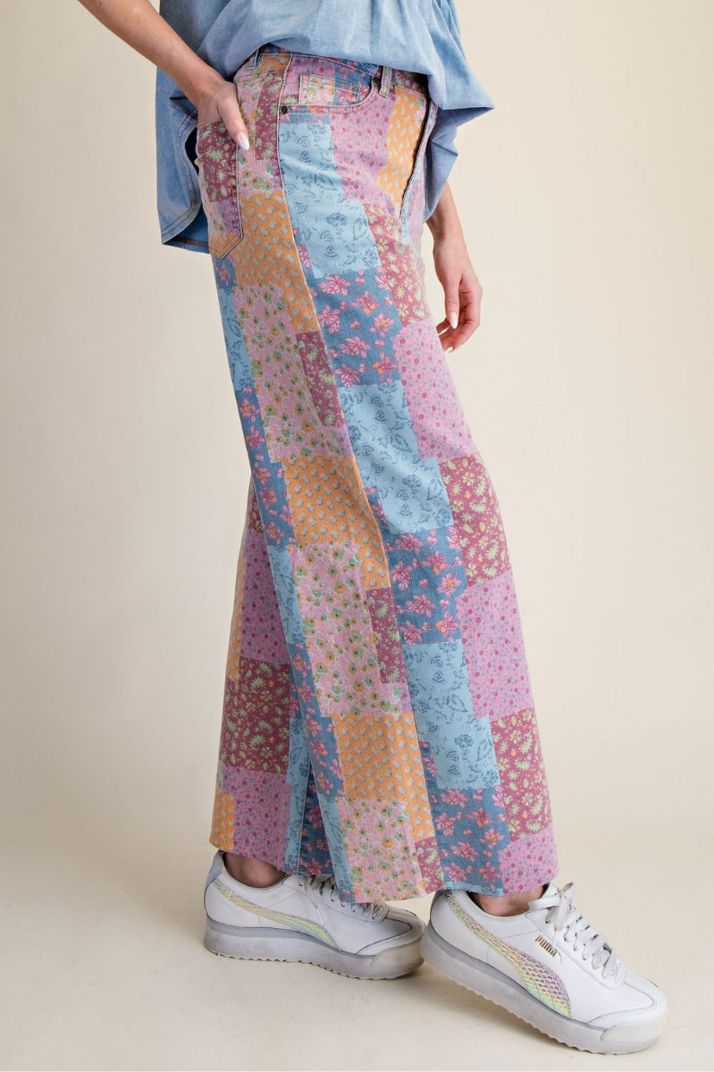 Patchwork Print Stretch Washed Twill Pants