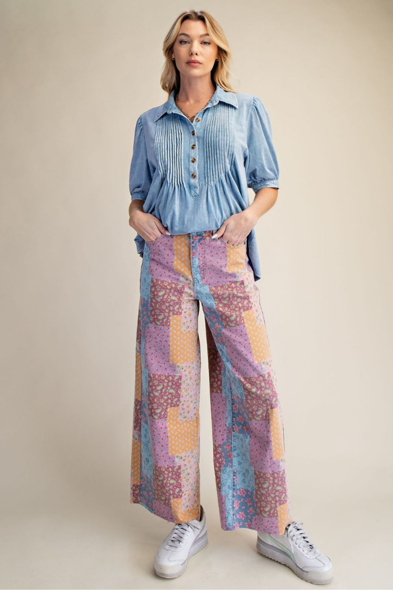 Patchwork Print Stretch Washed Twill Pants