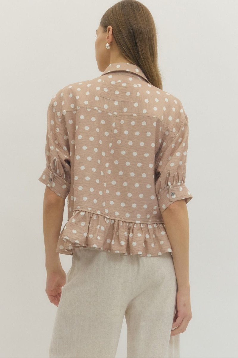 Polka Dot Ruffle Hem Button Front Top