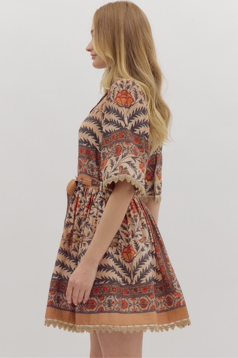 Botanical Print Puff Sleeve Mini Dress