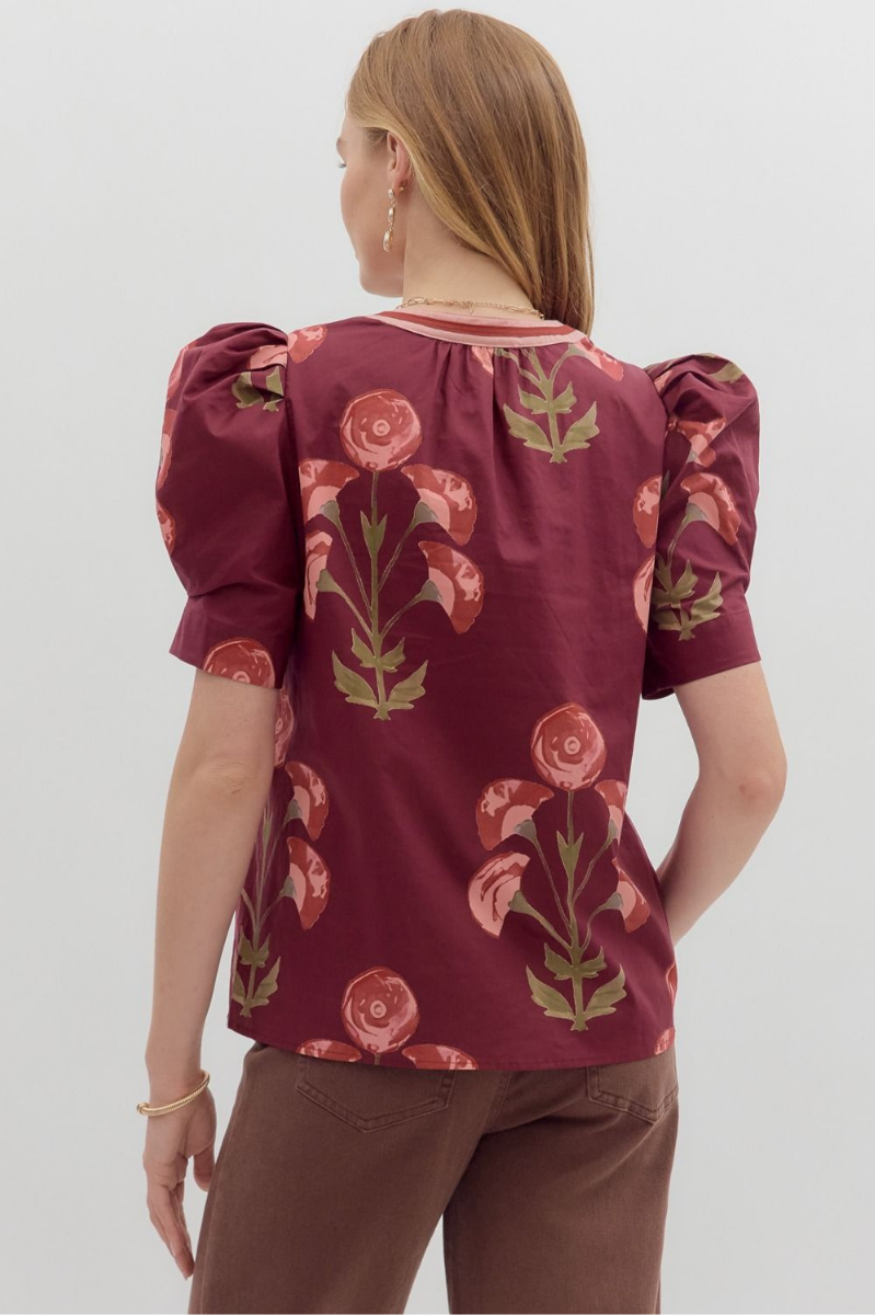 Floral Print Structured Shoulder Puff Top