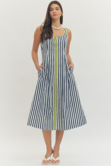 Striped Sleeveless Midi Dress with Contrast Trim