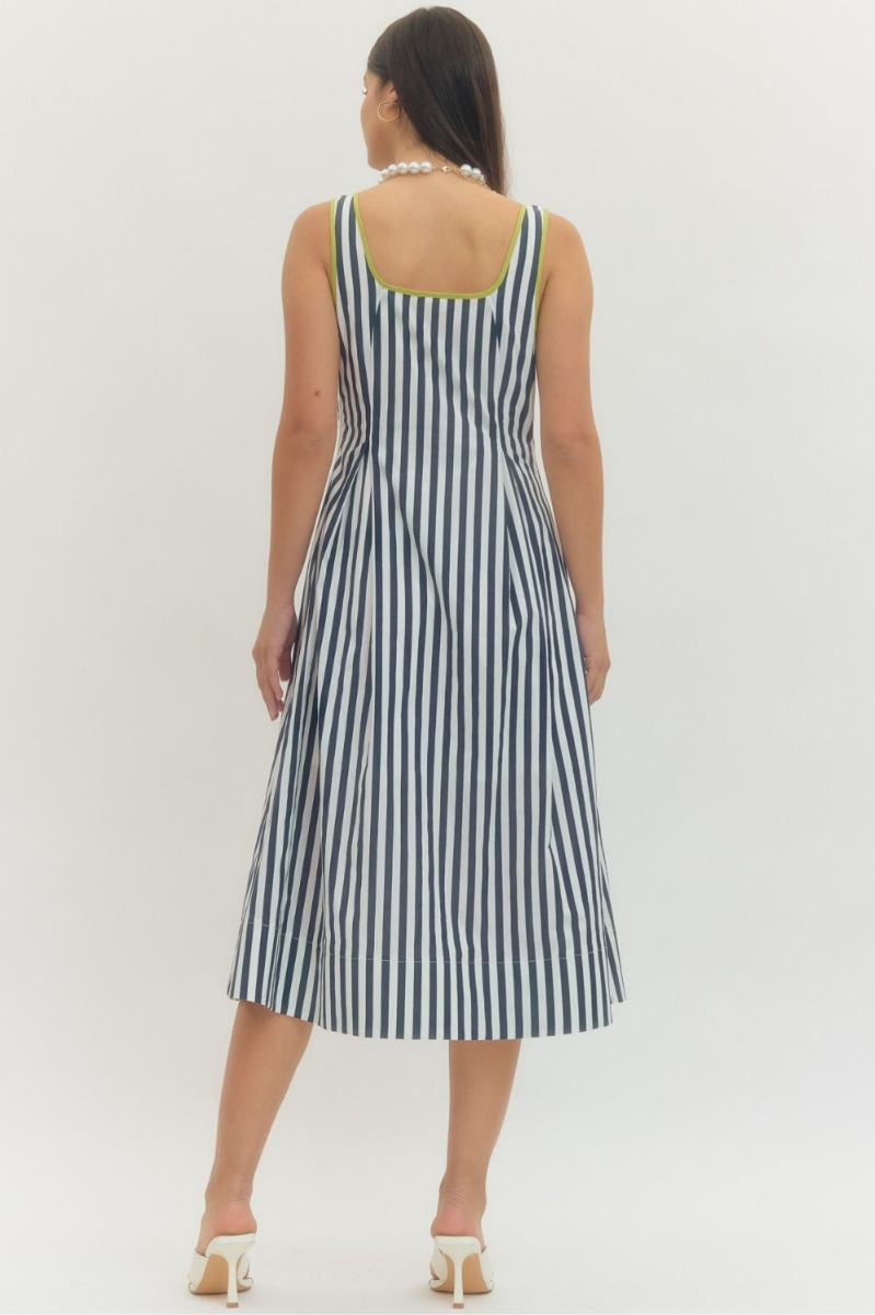 Striped Sleeveless Midi Dress with Contrast Trim
