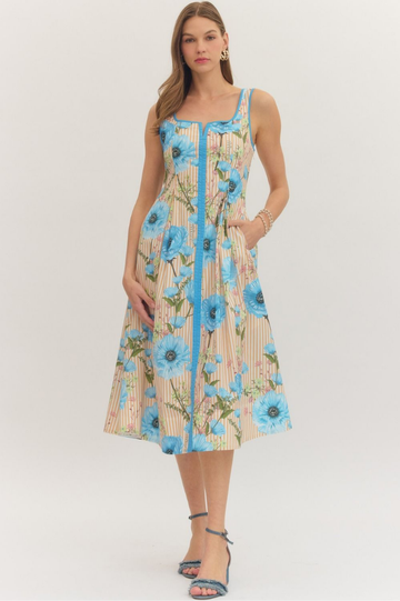 Floral Sleeveless Midi Dress with Contrast Trim