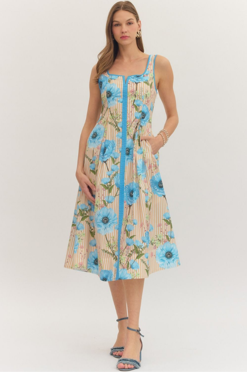 Floral Sleeveless Midi Dress with Contrast Trim