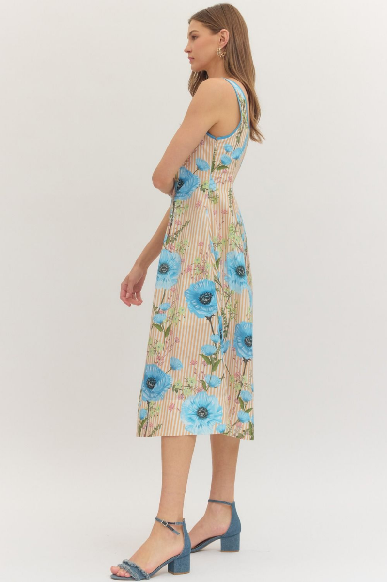 Floral Sleeveless Midi Dress with Contrast Trim