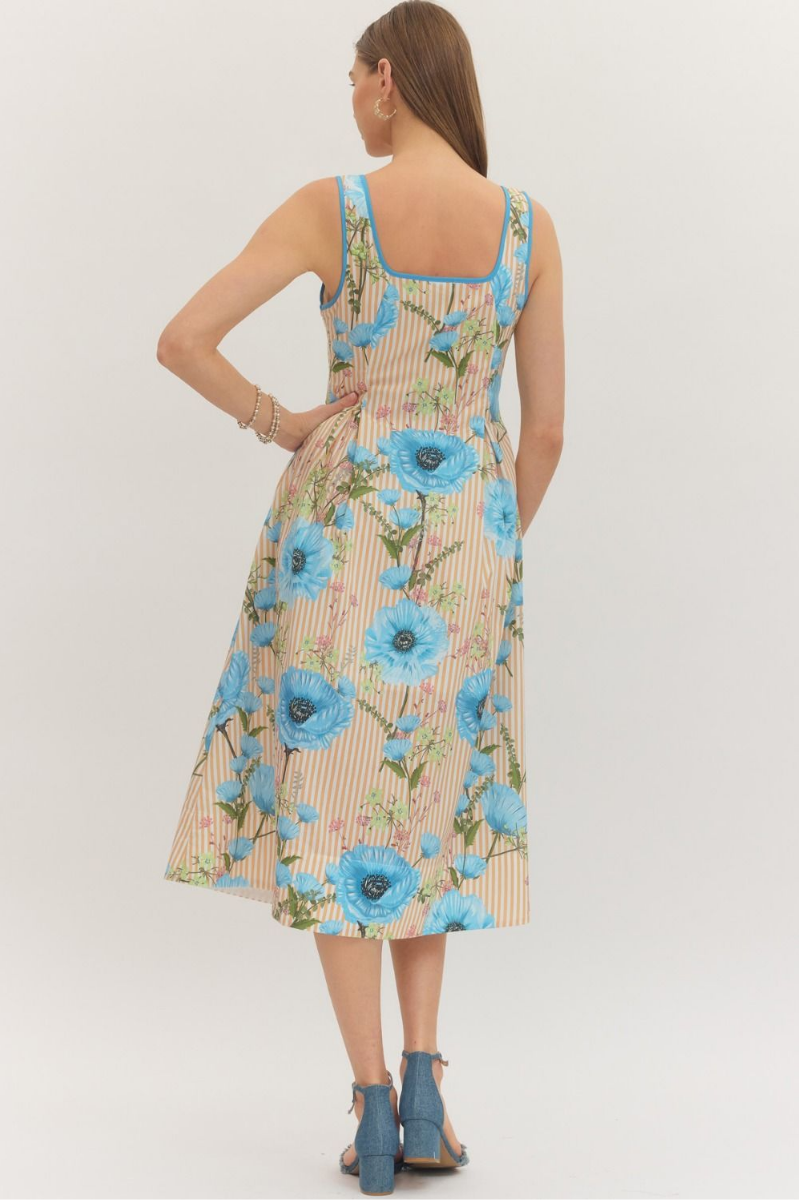 Floral Sleeveless Midi Dress with Contrast Trim