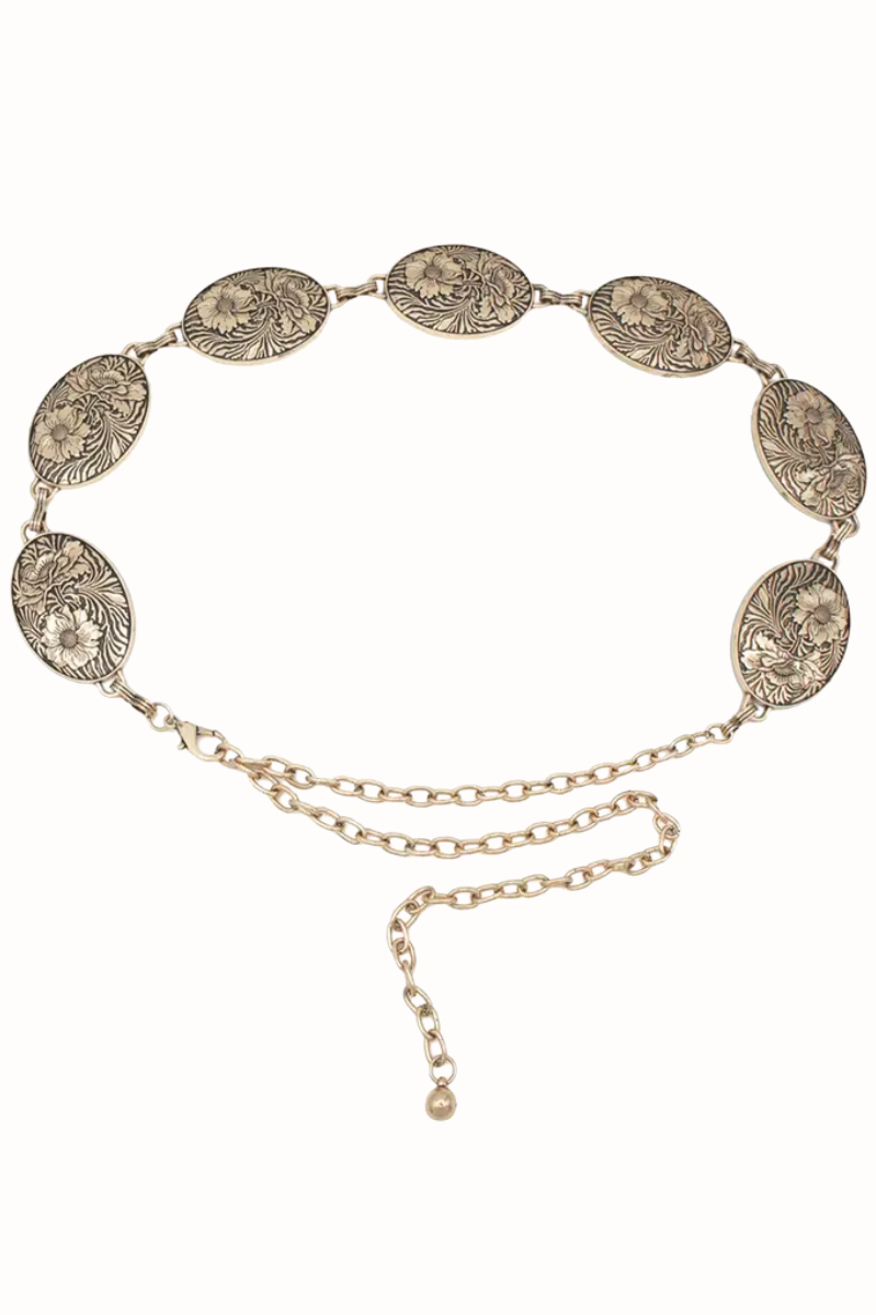 Flower Embossed Concho Chain Belt