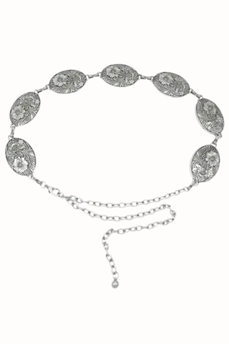 Flower Embossed Concho Chain Belt