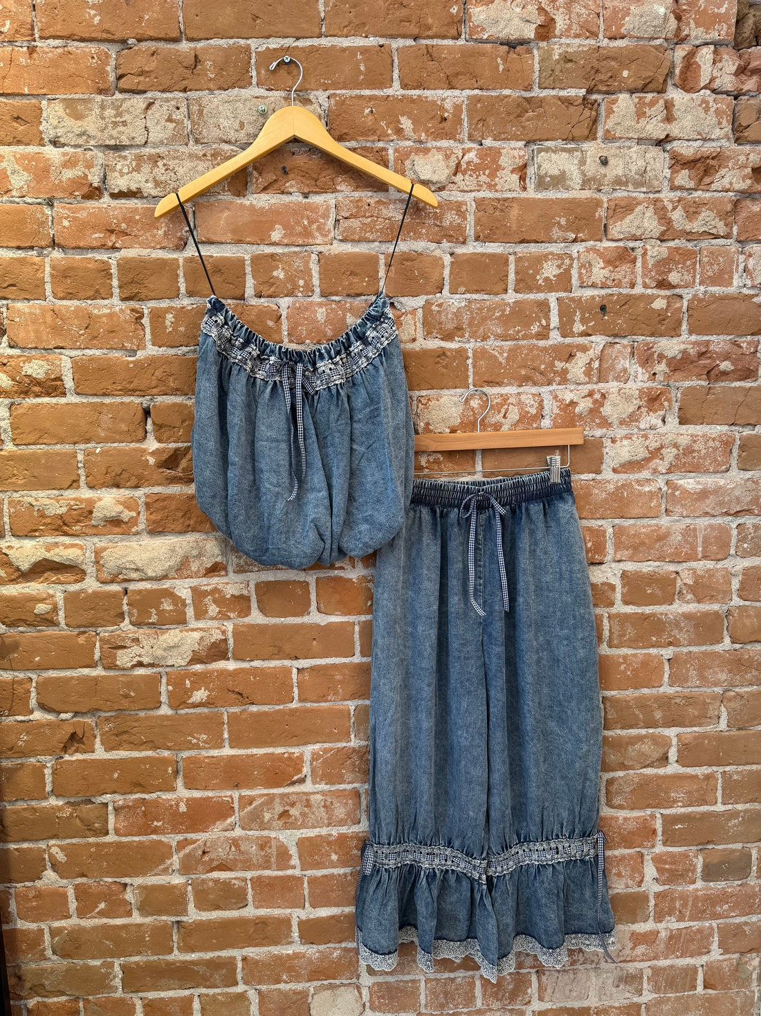 Washed Ruffle Hem Bottoms with Bow Detail