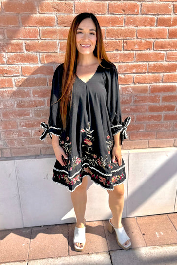 Floral Embroidery Raglan Sleeve Mini Dress