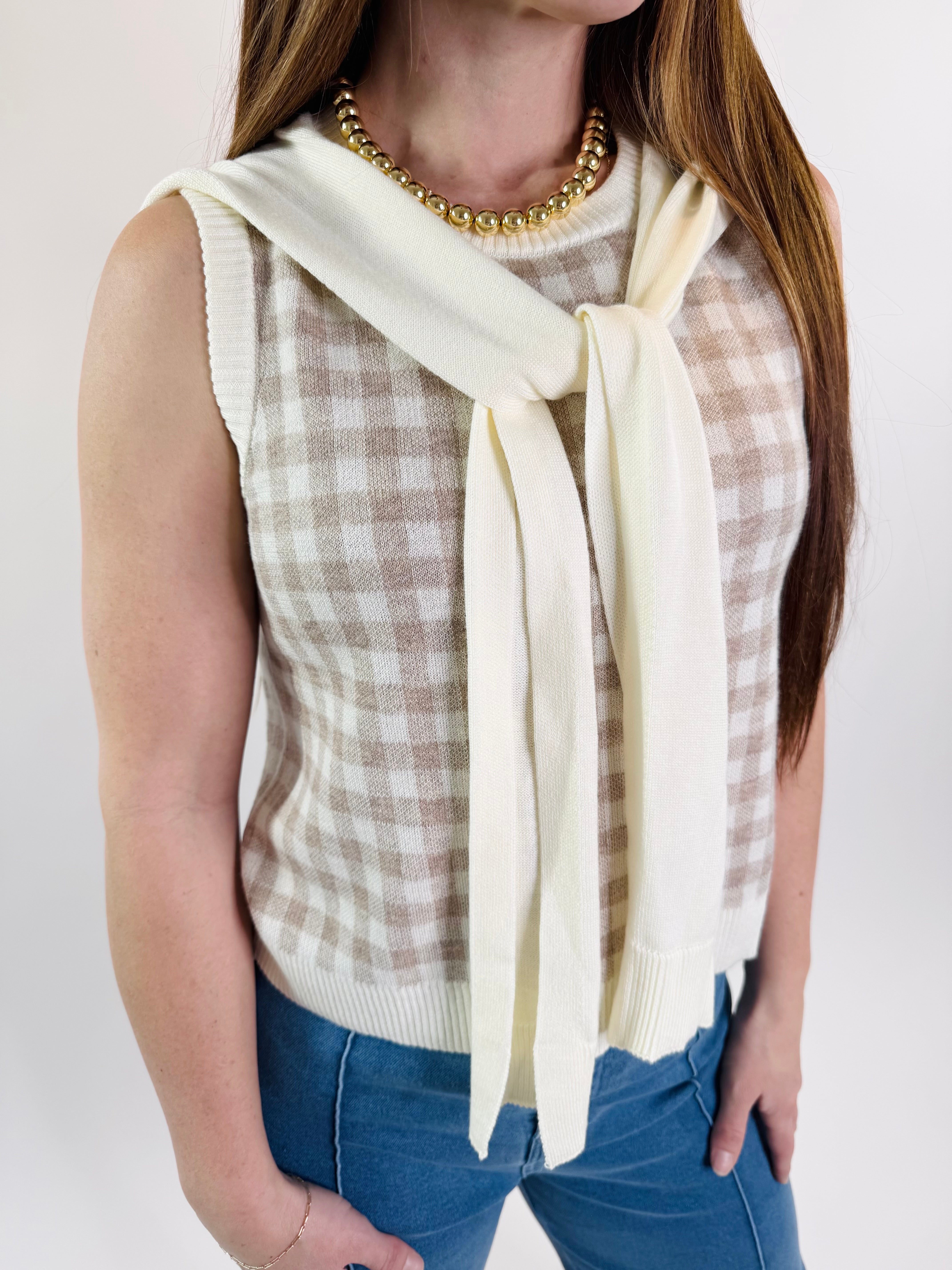 Neutral Gingham Knit Vest