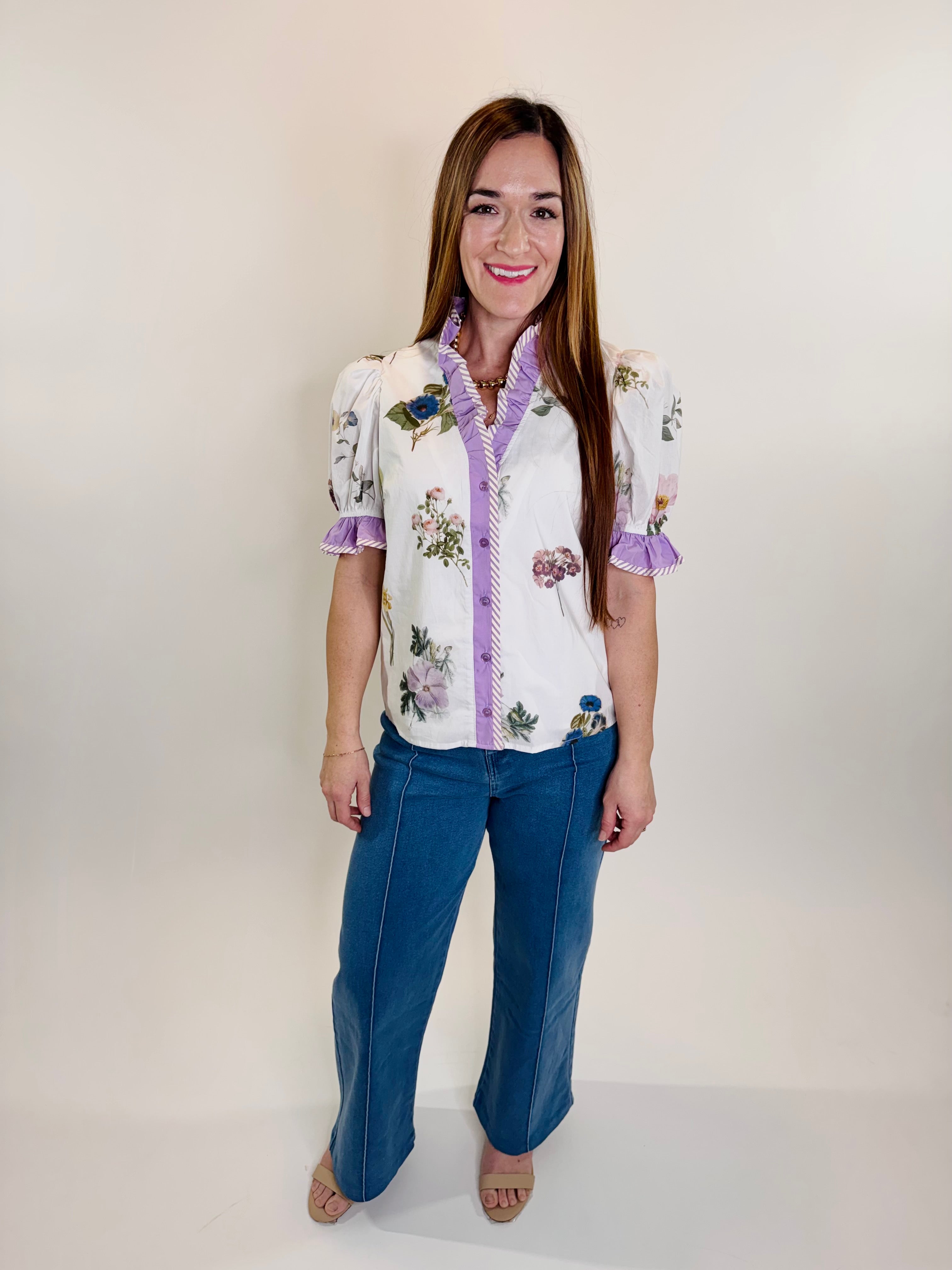Contrast Ruffled Floral Puff Sleeve Top