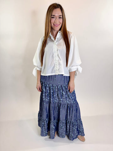 Chambray Tiered Maxi Floral Print Skirt