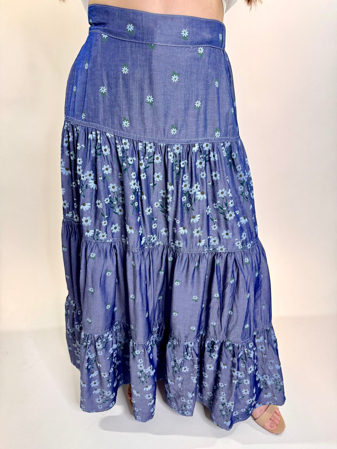 Chambray Tiered Maxi Floral Print Skirt