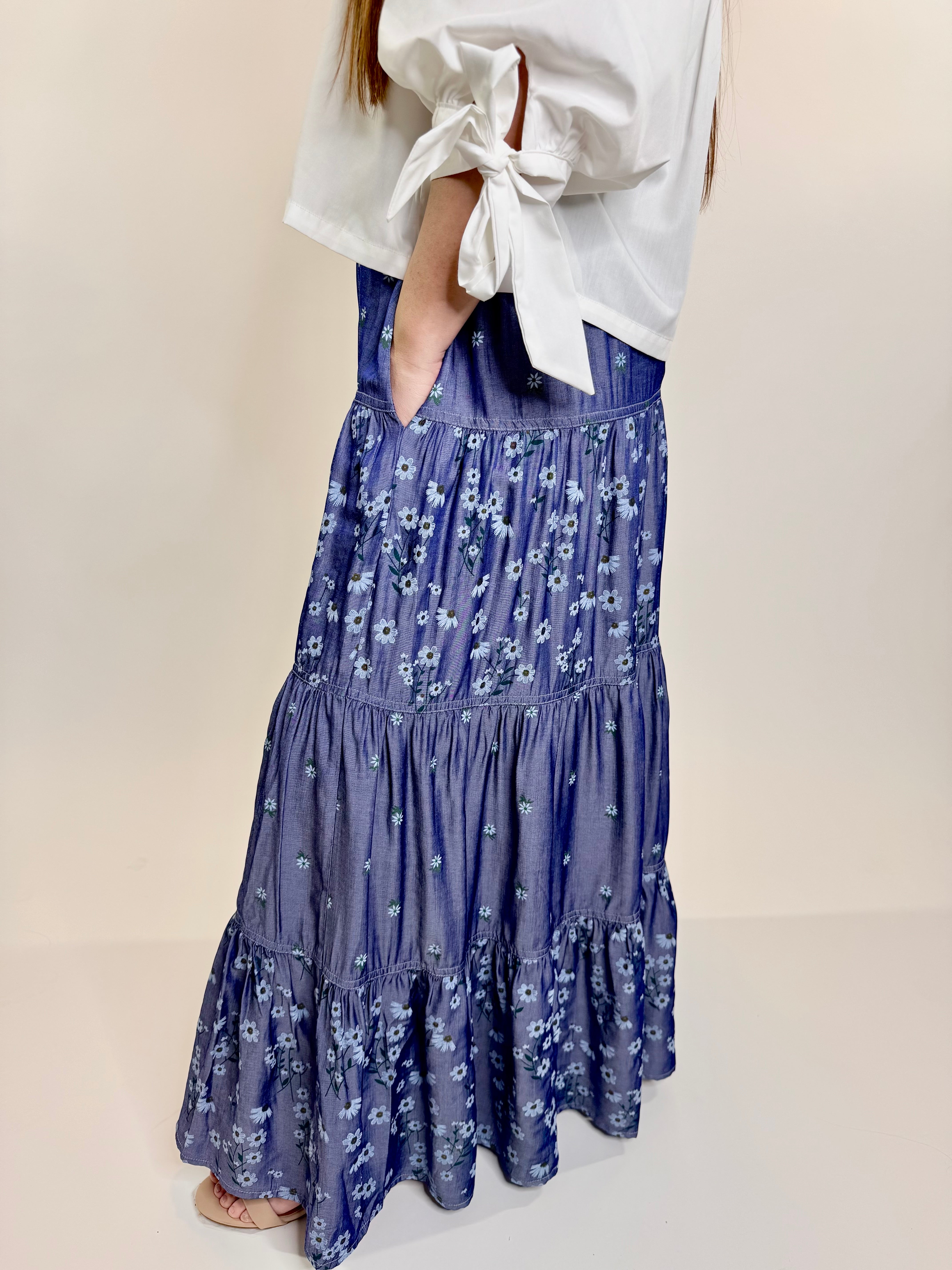 Chambray Tiered Maxi Floral Print Skirt