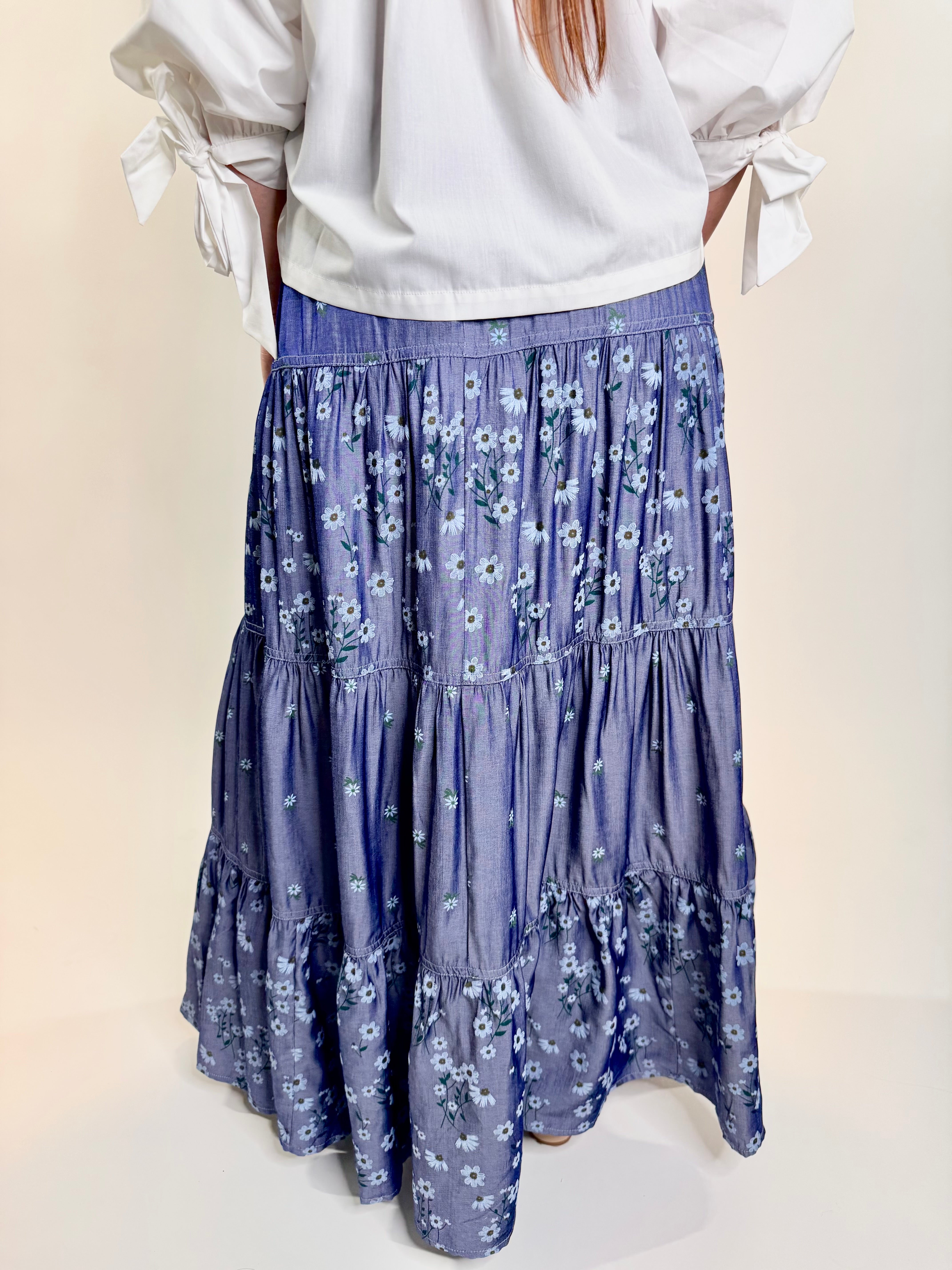 Chambray Tiered Maxi Floral Print Skirt