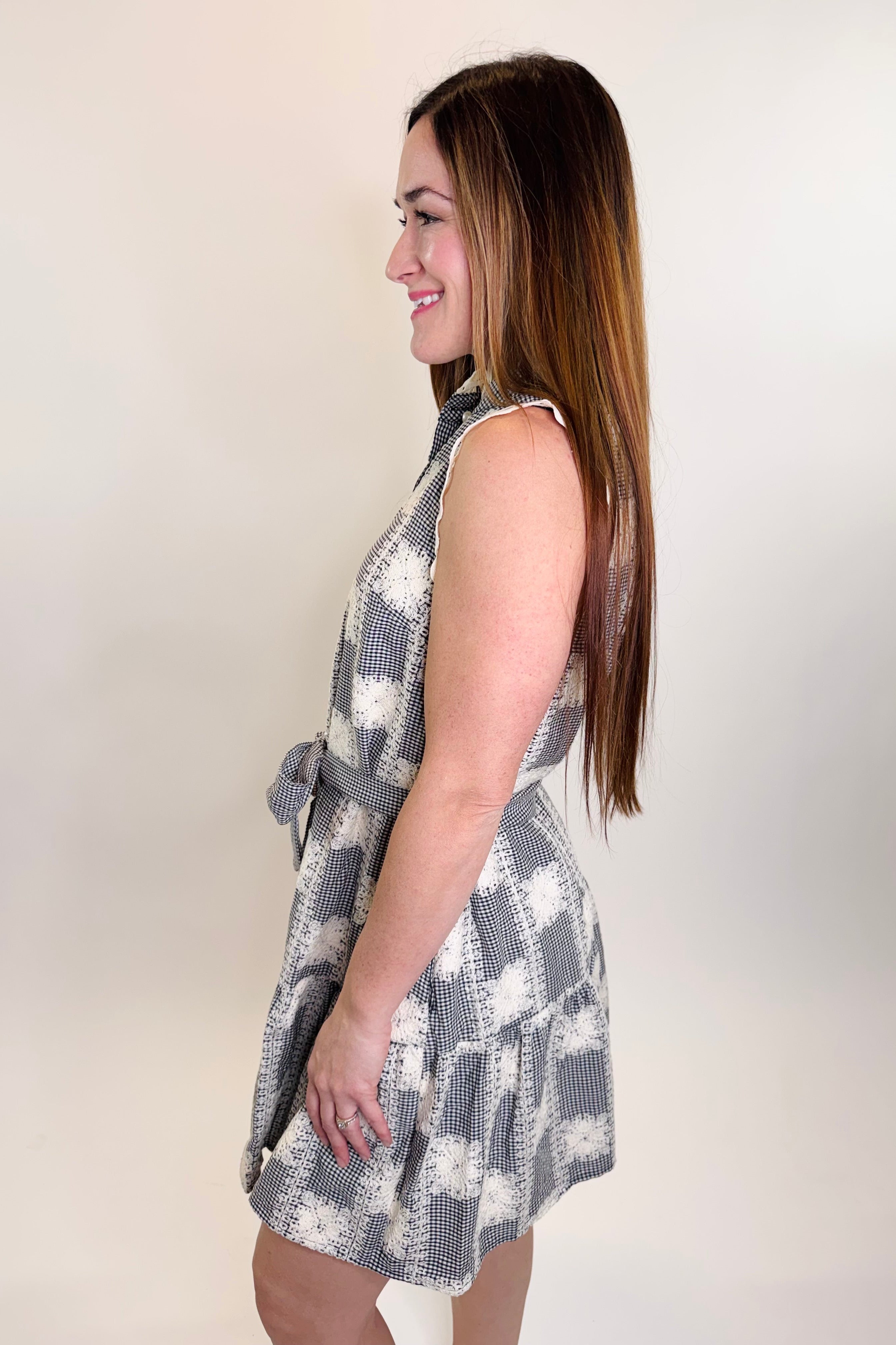 Pearl Petal Gingham Mini Dress