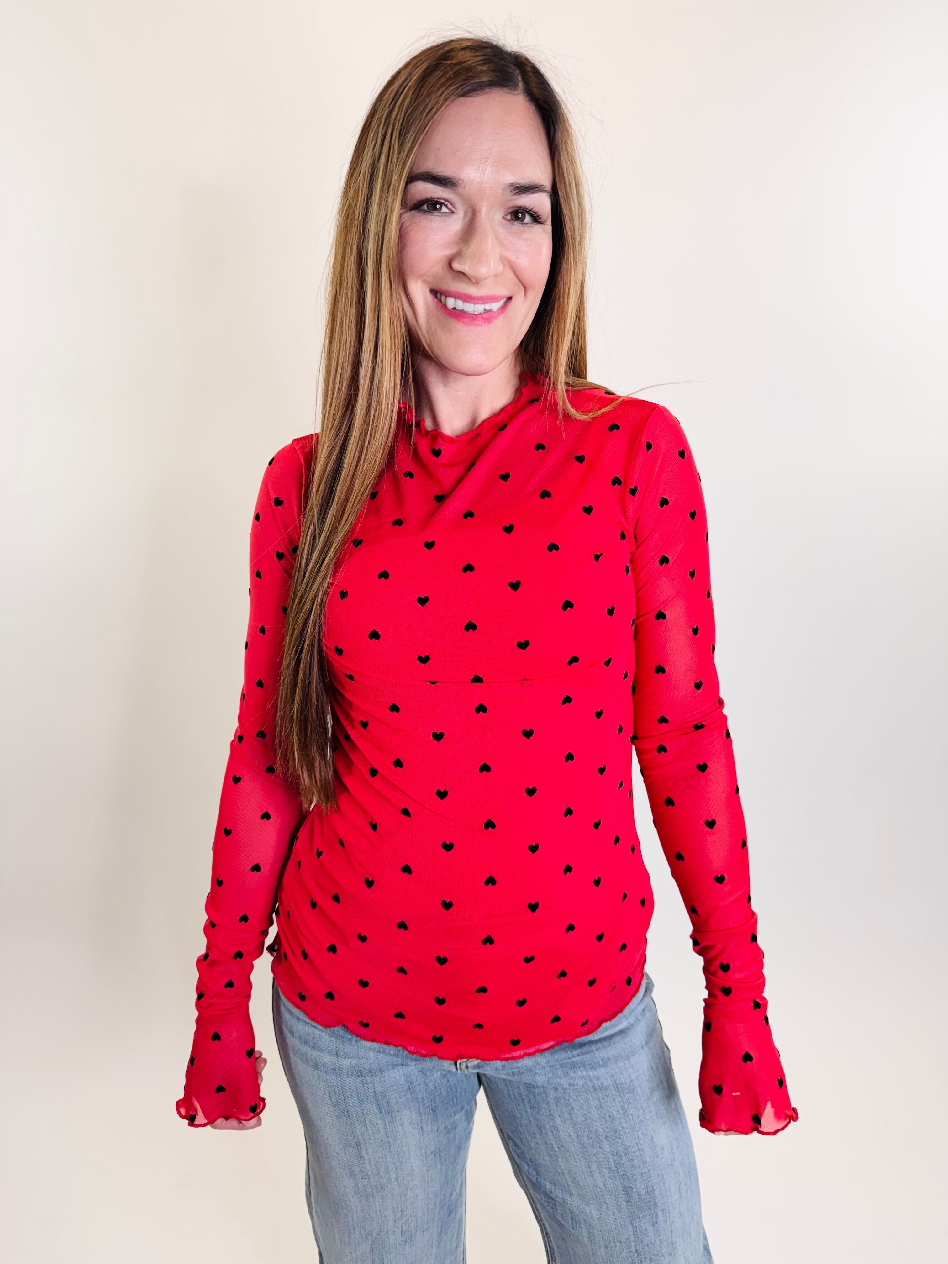 Red Heart Flocked Mesh Long Sleeve Top