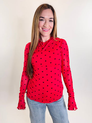 Red Heart Flocked Mesh Long Sleeve Top