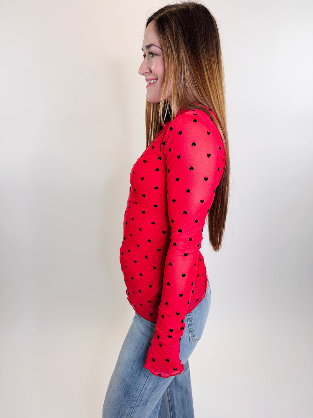 Red Heart Flocked Mesh Long Sleeve Top