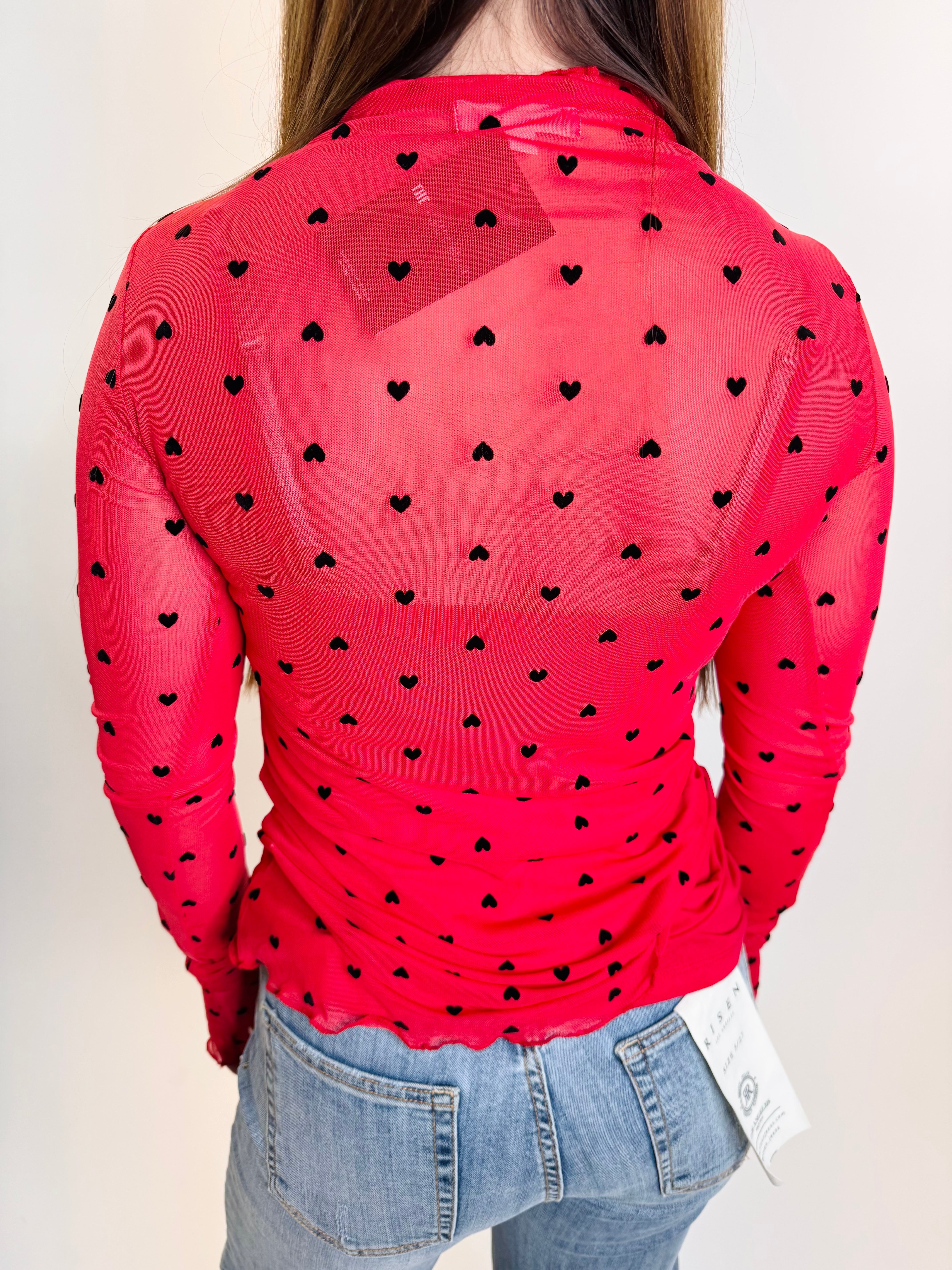 Red Heart Flocked Mesh Long Sleeve Top