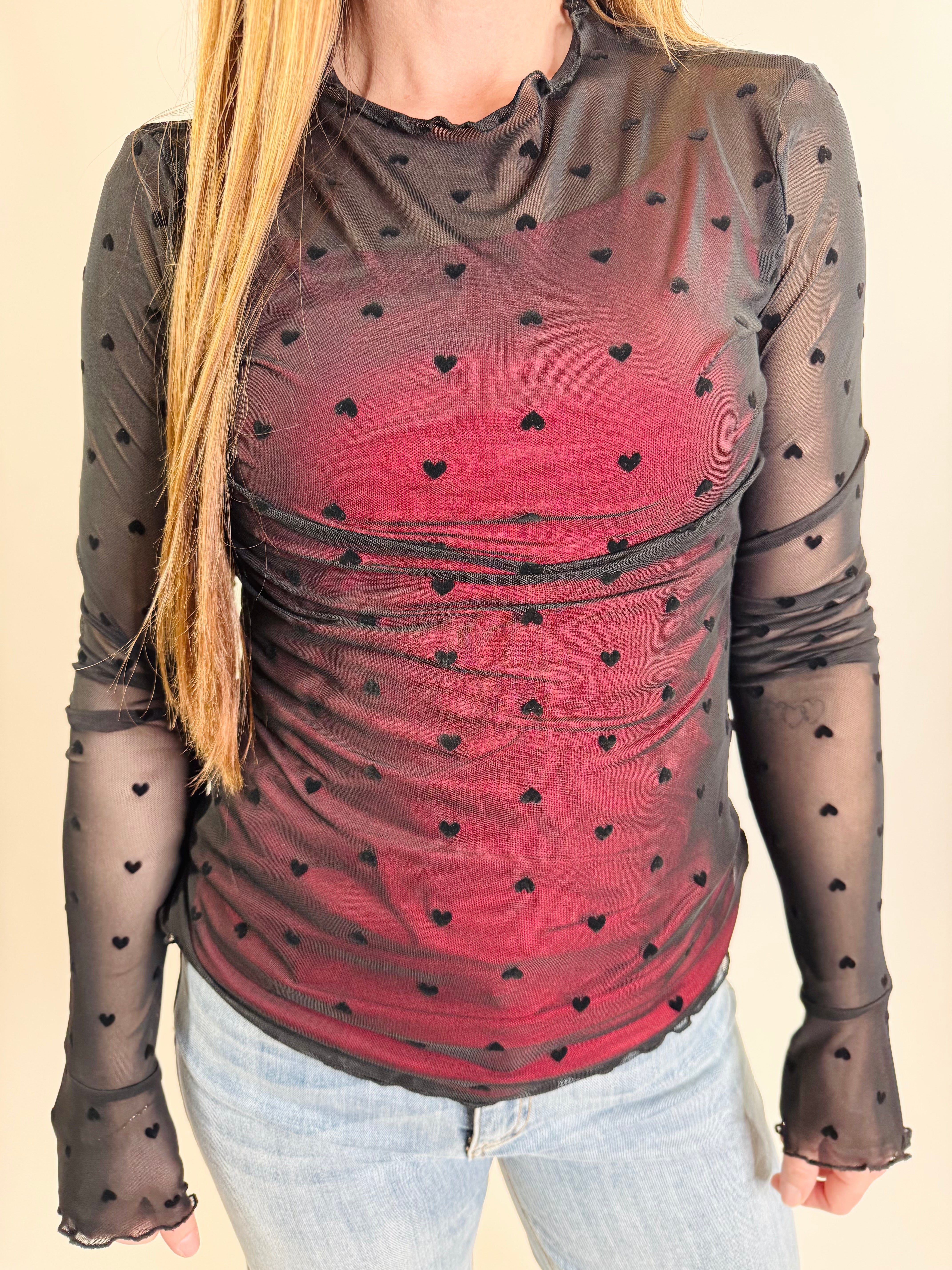 Valentine Mesh Heart Flocking Long Sleeve Top