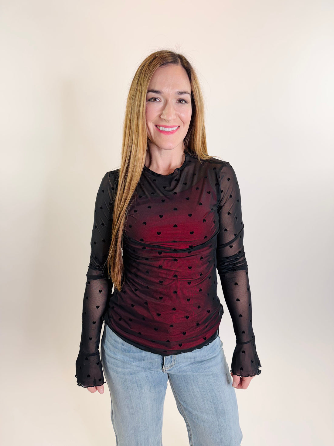 Valentine Mesh Heart Flocking Long Sleeve Top