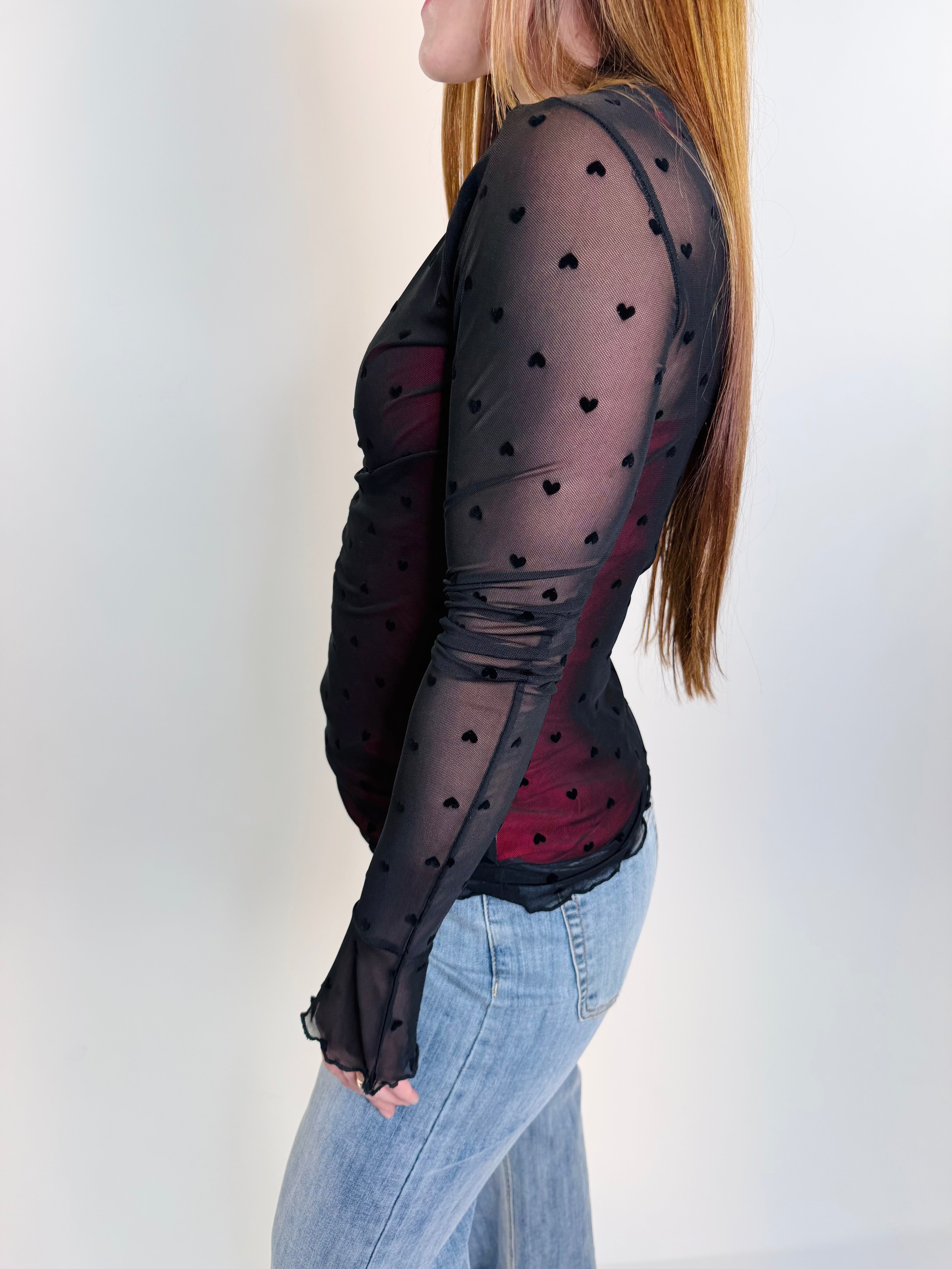 Valentine Mesh Heart Flocking Long Sleeve Top