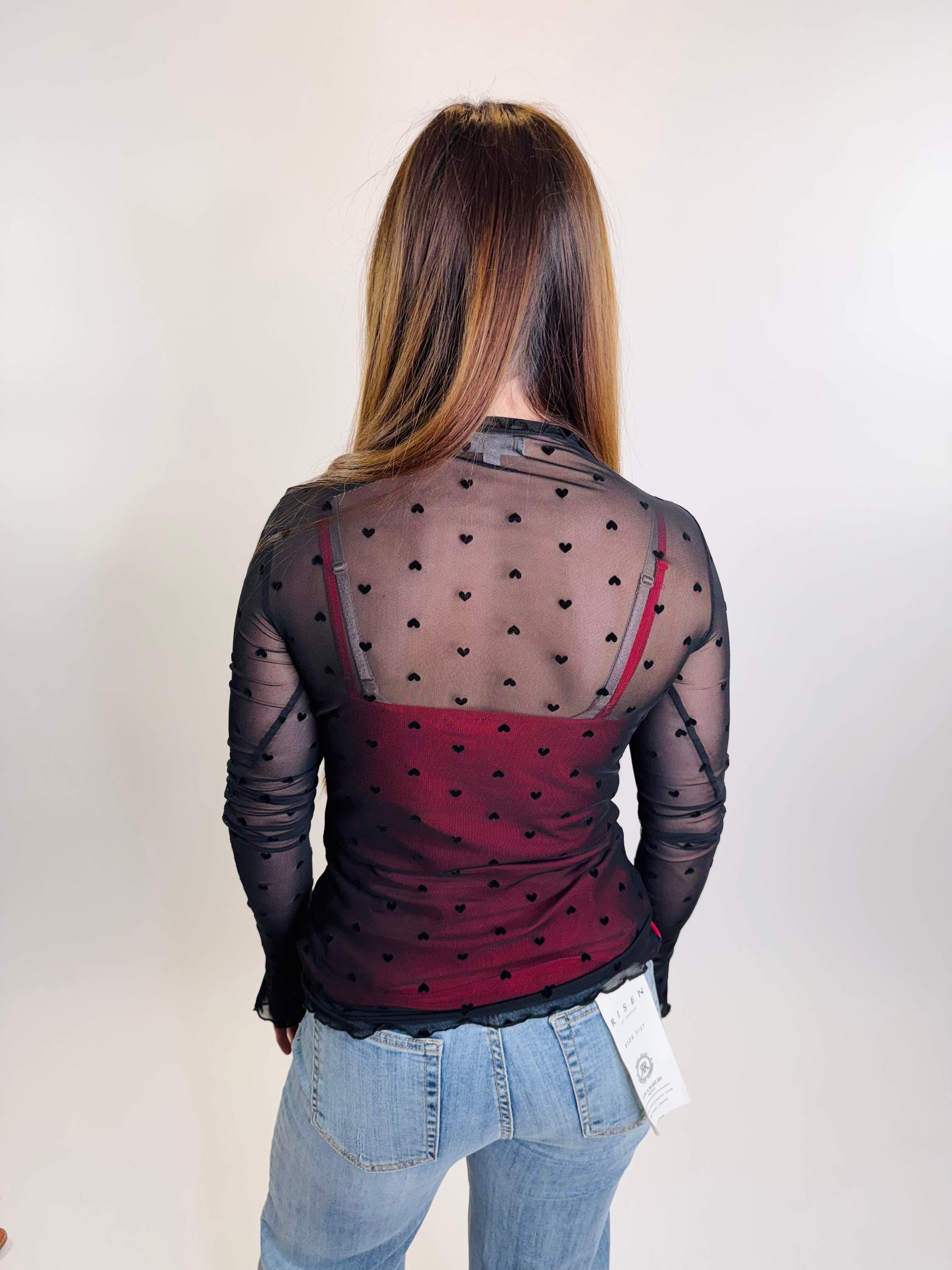 Valentine Mesh Heart Flocking Long Sleeve Top
