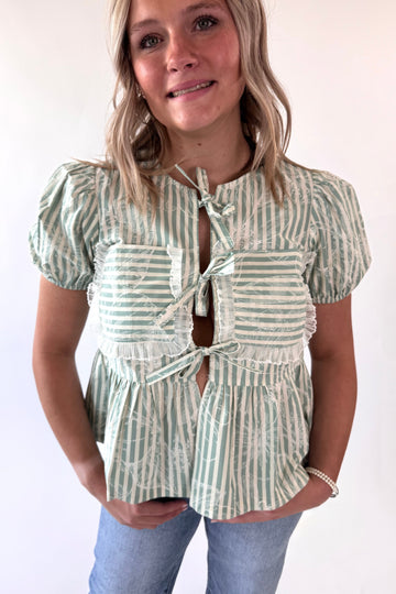 Floral Striped Front Tie + Lace Trim Top
